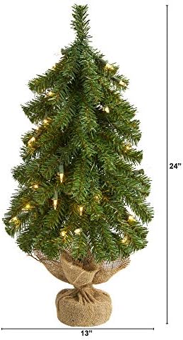 Скоро природно 2ft. Алпско вештачко новогодишно дрво со 35 светла, 92 гранки за свиткување и пластеник за корап, зелена боја