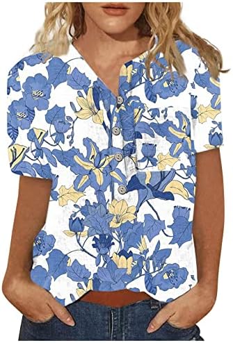 Врвови за жени 2023 година копче на кратки ракави кошули со блуза сликање цветни печатени модни обични лабави блузи