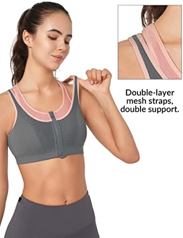 Yvette High Support Sports Sports Bras for Women Double Deck Straps со високи влијанија од страна на мрежен градски градник за спорт