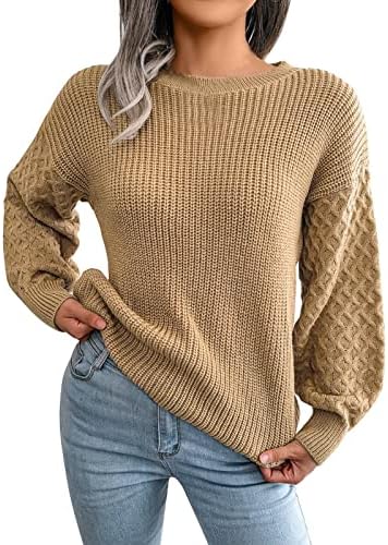 Божиќни џемпери за жени со цврст тркалезен фенер со долг ракав со вертикален плетенка џемпер