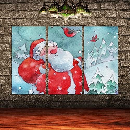 Wallидна уметност за дневна соба, маслено сликарство на платно големо врамено слатко Дедо Мраз, давајте подарок со птици во зимска смисла