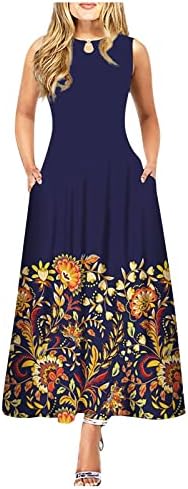 Боемски фустан за жени, женски обичен печатење голема фустан со облечен во тркалезен облик на вратот Долг фустан
