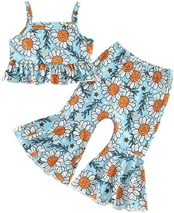 Коорално бебе девојче цветна облека без ракави за ракави, врвови, панталони со одблесоци, лето 2 парчиња облека