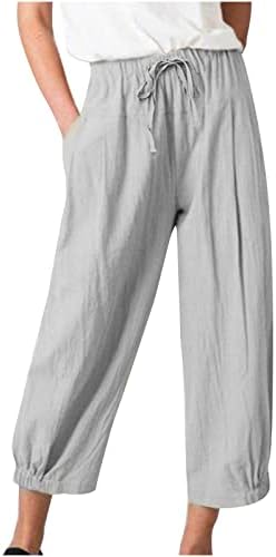 Женски постелнина исечени панталони летни шишиња панталони плажа капри панталони еластични панталони за половината на половината со џебови со