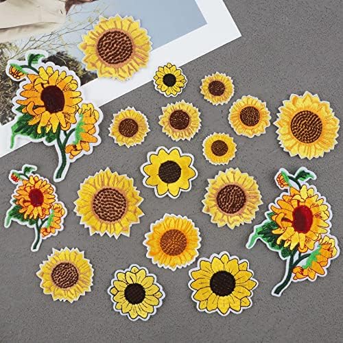 18 парчиња сончогледи извезено железо на закрпи поставени декоративни цвеќиња за шиење за шиење DIY уметности занаети украсени пакувања за закрпи