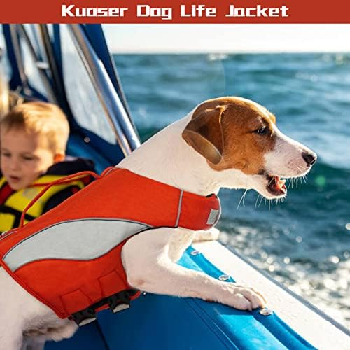 Lifeивотна јакна од кучиња Куосер, животен век на кучиња Ripstop за пливање, големи средни кучиња животни јакна со рачка за спасување,