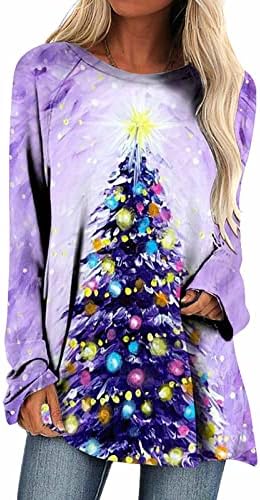 Женска Грда Божиќна 3д Печатена Туника Блузи Празнични Маици Со Долги Ракави Дрво Графички Маици Есенска Блуза
