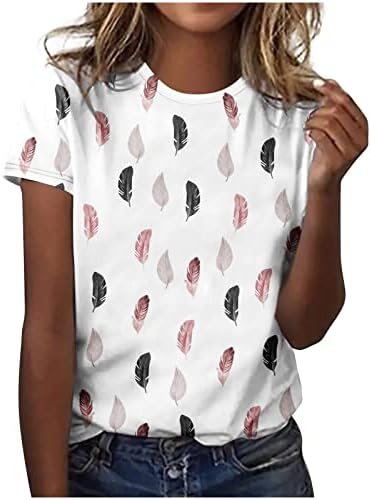 Женска графичка маичка со кратки ракави памук екипаж на вратот на вратот на вратот, шарена маица со блуза за блузи за дами есен лето