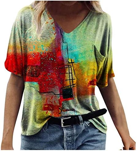 Womenените летни врвови облечени обични 2023 V вратот кратки ракави маички цветни лабави вклопуваат симпатична вежба за кошула плус големина