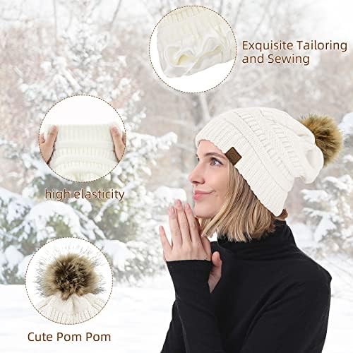Century Star Satin наредени Beanies жени топли зимски капи плети дебели капи со капаче за череп пом