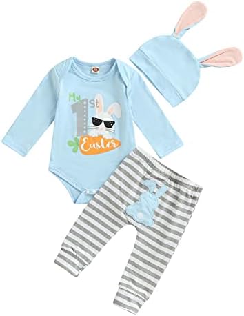 Прва велигденска облека бебе девојче момче со долг ракав Мој 1 -ви велигденски боди, ромпер панталони, зајаци уши, капачиња од 3 парчиња облека