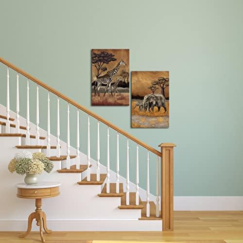 Фушвер Африка слики од животни wallидни уметности 2 парчиња мама и бебе жирафа слон сликање гроздобер сафари диви животни уметнички