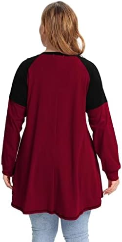 Врвовите на блок во боја на ларс со џеб плус големина лесни џемпери со долги ракави, жени Раглан пулвер кошули