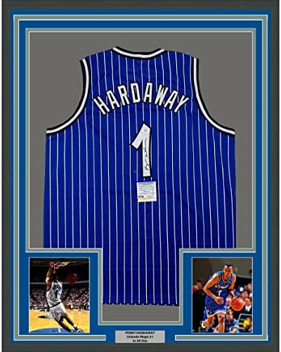 Врамено автограмиран/потпишан Anfernee Penny Hardaway 33x42 Orlando Blue Pinstripe Basketball Jersey PSA/DNA COA