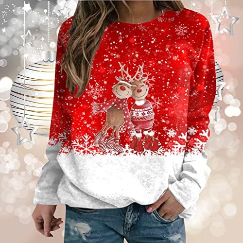 Божиќни кошули за жени за жени и снегулки печати лабава џемпери Обични маички за џемпери со долги ракави со тркалезници