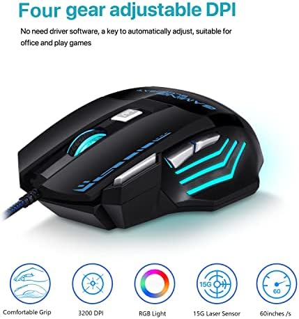 БИЛЕКО Игри На Глувчето Жичен ГЛУШЕЦ USB Оптички Глушец 3200 DPI Прилагодлив Удобност Зафат Ergономски Глувци RGB Дишење Позадинско Осветлување