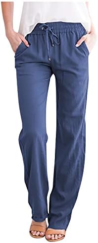 панталони со крцкави за жени обични памук и постелнина цврста боја Еластична половината со долги директни панталони