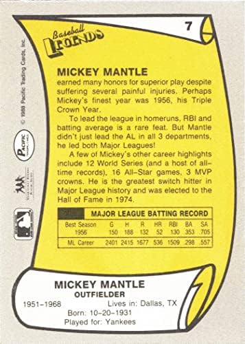 1988 Пацифик Легенди 7 Мики Мантл Бејзбол Картичка Јенки