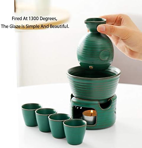LHH Sake Set со потопло, керамички чаши за раствор Традиционален керамика топла саки сет, 7 парчиња вклучуваат 1 шпорет 1 сад за затоплување