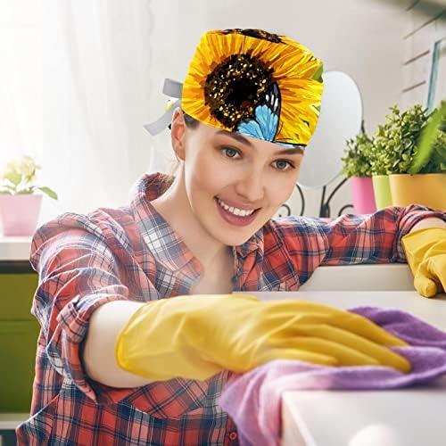 6 парчиња медицинска сестра за чистење капаци жени долга коса, шарена шема на пеперутка прилагодливо работно капаче со копче и џемпери