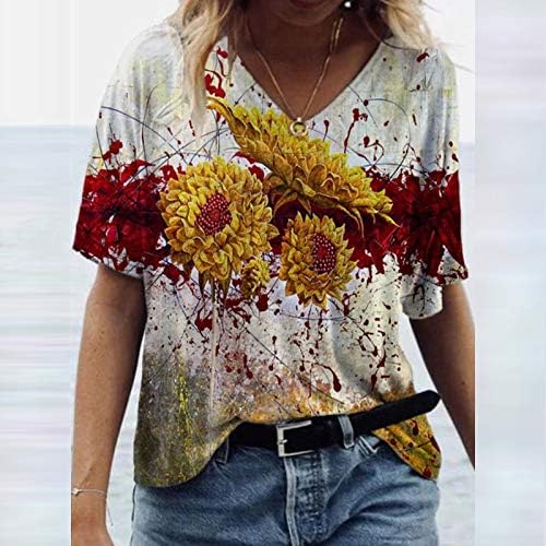 Женски летни врвови модна цветна маица за печатење случајна лабава плус големина врвови цвеќиња печатење на врвови за маици на вратот