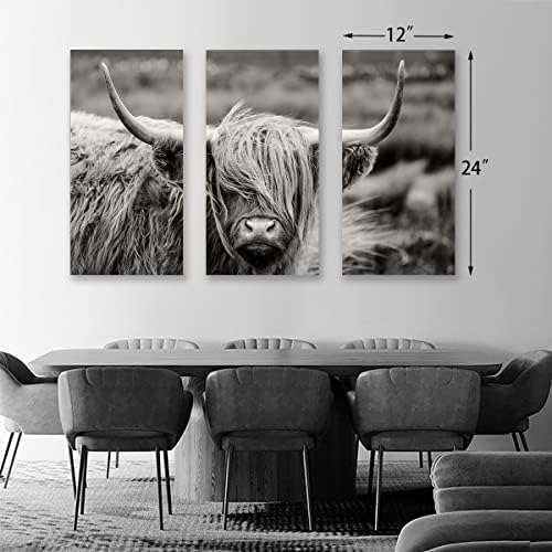 Хајленд крава wallидна уметност, црно -бел пејзаж, крави слики wallидни украси, украси на wallидови од фарма за дневна соба спална соба