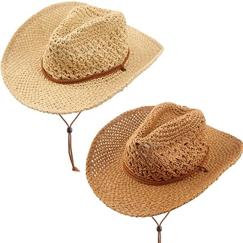 Cagemoga 2 пакувања лето слама каубојска капа, женски слама плажа сонце, преклопена каубојска сонце капа со ветерници за мажи,