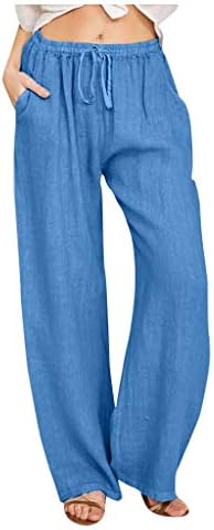 Meymia женски памучни постелнини панталони мода обична цврста боја лабава еластична панталона за влечење лабава директно исечена