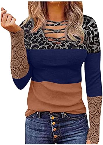 Женски врвови на леопард печати против џемпери за џемпери на вратот секси дами чипка ракав пуловер на вinesубените Денот подароци за неа
