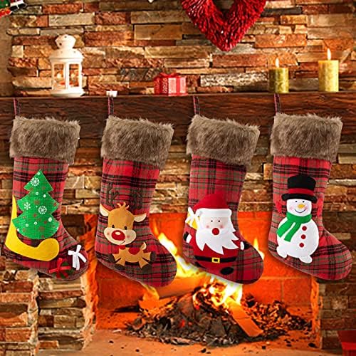 Ангеленд Божиќни чорапи 4 пакувања, 18 карирани Божиќни чорапи, стил на кариран кариран со ирваси од снежен човек на Дедо Мраз и чорапи за