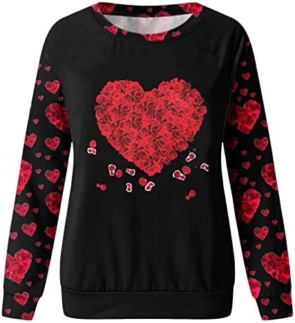 Жените Срце Цветни Графички Пуловер Редовни Опремени Обични Маици Вратот На Екипажот Лабави Дуксери Денот На Вљубените