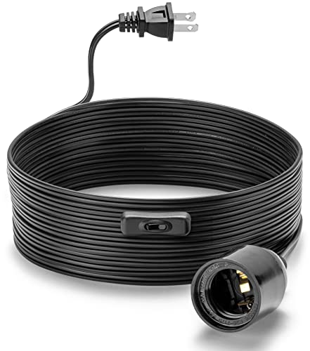 Продолжување на лесен кабел за висина од 15 -ти - црн, лесен кабел со приврзоци со приклучок за сијалица E26, прекинувач за вклучување/исклучување,