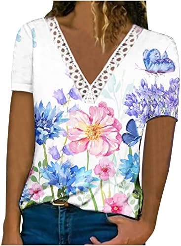 Флорални печатени врвови за жени со чипка на капчиња, маички со вратот 2023 Обични лабави маици со маици