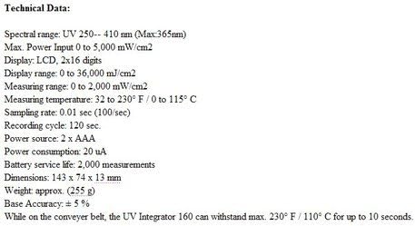 Gowe UV-Integrator, 3 во 1 УВ-интензитет, УВ-доза, температура, спектрален опсег: УВ 250-- 410 nm