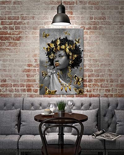 ihappywall Голема афроамериканска златна wallидна уметност црна убава дама со пеперутка апстрактна уметнички дела за девојчиња соба за