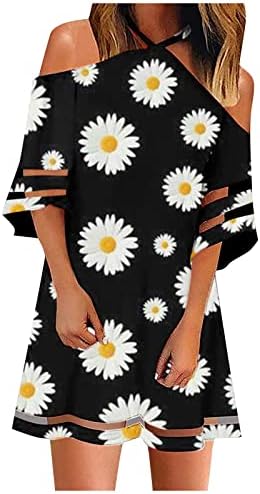 Женски пролетни фустани 2023 Обичен одморалиште фустан со екипаж на цвеќиња со цвеќиња со чипка на чистачи, обични лабави фустани