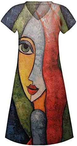 Големина на V-вратот летни фустани плус печати долги жени со кратки ракави апстрактни женски фустан жени фустан