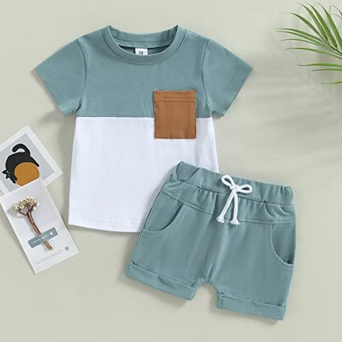 Детето бебе момче лето облека со кратки ракави во боја на маица врвови + цврсти шорцеви поставени 2 парчиња обична облека