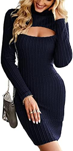 Женска зимска облека со долги ракави плетени еластичност на еластичност тенок џемпер каросерии мини фустани фустани