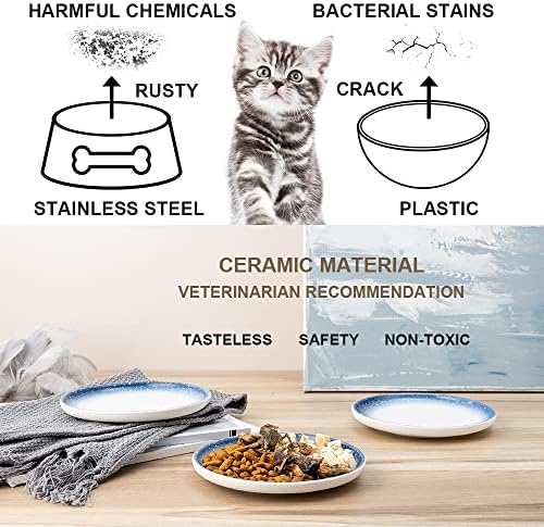 Сидикална керамичка плитка мачка чинија, 6 инчи со висок капацитет што не се лизгаат широки садови за храна за мачки, замор за замор