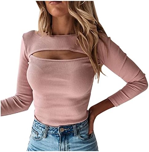 Womenените со долги ракави секси врвови на тинејџери исечени предни маица, исмејувајте го вратот ребро плетено пуловер џемпер