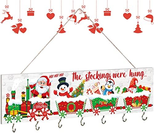 Божиќни организатор на организатор Дрво украси за дрво дома Божиќно чорапи беа обесени дрвени мантил знак wallиден декор, закачувајќи знак за
