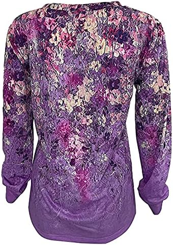 Женски врвови удобни обични џемпери со долги ракави пад на кошули Туника V-врата цветна отпечатена лабава пулвер Хенли блуза