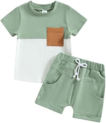 RTNNSBBFCM новородено момче лето облека Краток ракав во боја блок предна џеб маица Топ шорцеви 2 парчиња Обична облека