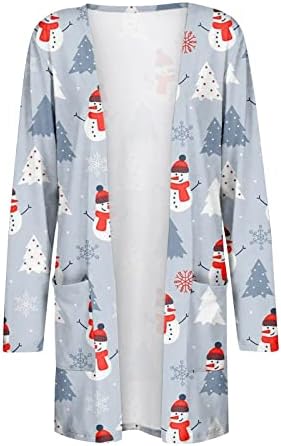 Грди Божиќни џемпери за жени 2022 плус големина обична мода есен зимски кардиган со долг ракав отворен фронт, смешни Божиќни кошули, графички