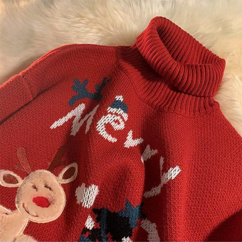 Angxiong Woman Christmas Fawn Print Turtleneck Топло каваи пуловер случајна лабава празнична облека за зимски џемпер облека