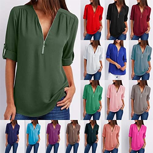 Andongnywell Women's Veck Chiffon Bluses Zip летни блузи повлечете ракав лабава шифонска кошула со патент