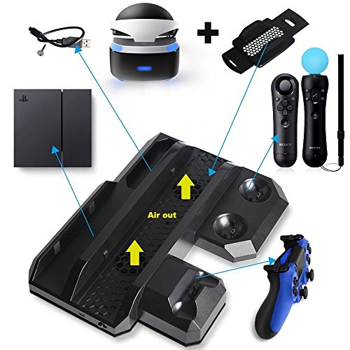 Yoteen за PS VR Charger & вертикален дисплеј штанд за повеќе станици за полнење PSVR за држачи за држачи за слушалки за PlayStation