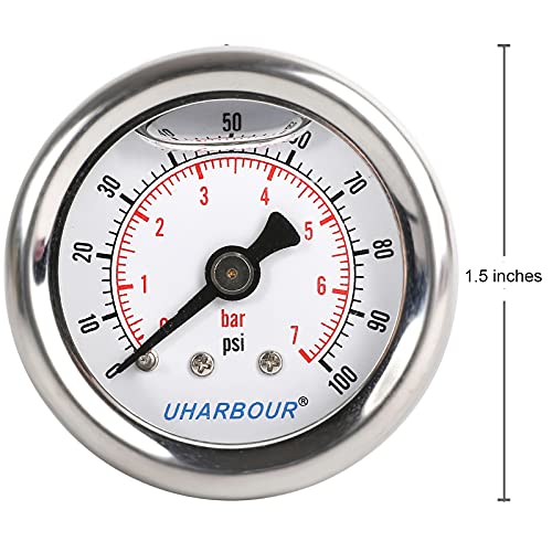 Мерач на притисок на гориво со течност Uharbour со 1-1/2 бирање и 304 куќиште од не'рѓосувачки челик, 0-100psi/бар, 2% точност,
