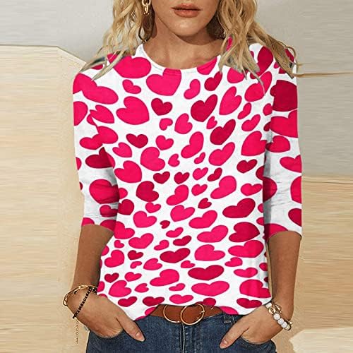 Срцеви печатени кошули за в Valentубените за жени 3/4 ракав екипаж на екипажот тенок фит блуза, врвен обичен моден пуловер
